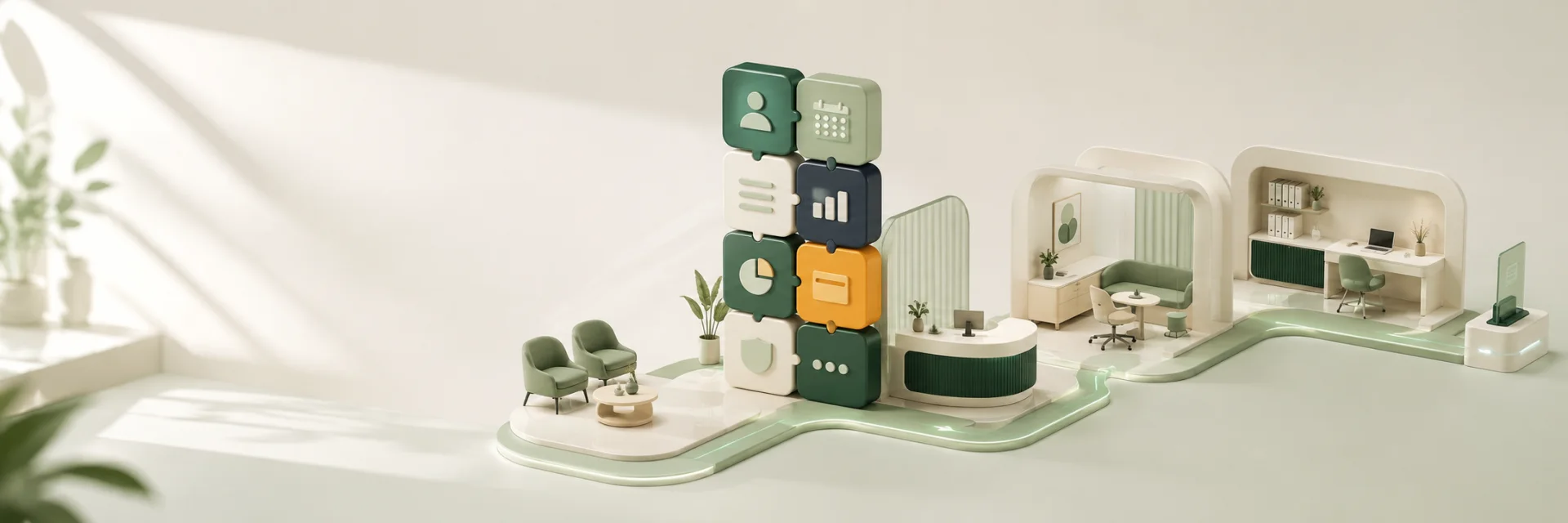 An illustration of separate clinic apps assembling into one connected practice
